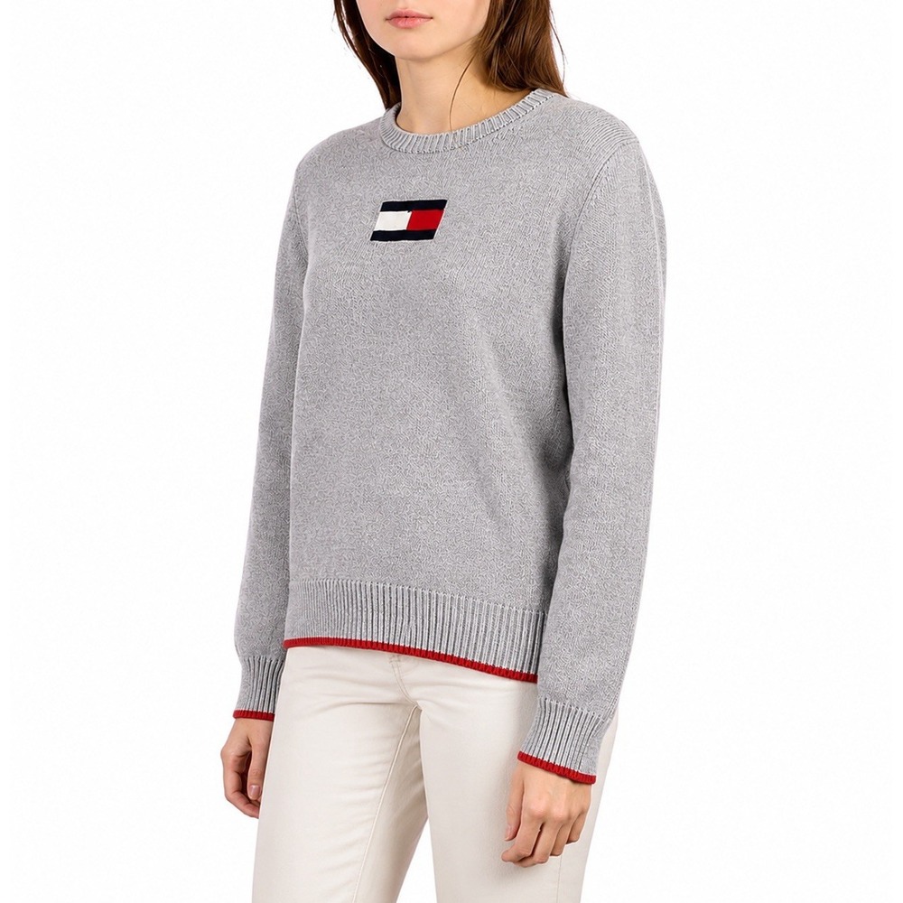 Tommy Hilfiger Womens XXL Gray Cotton Flag Logo Crewneck Sweater Red Trim Preppy